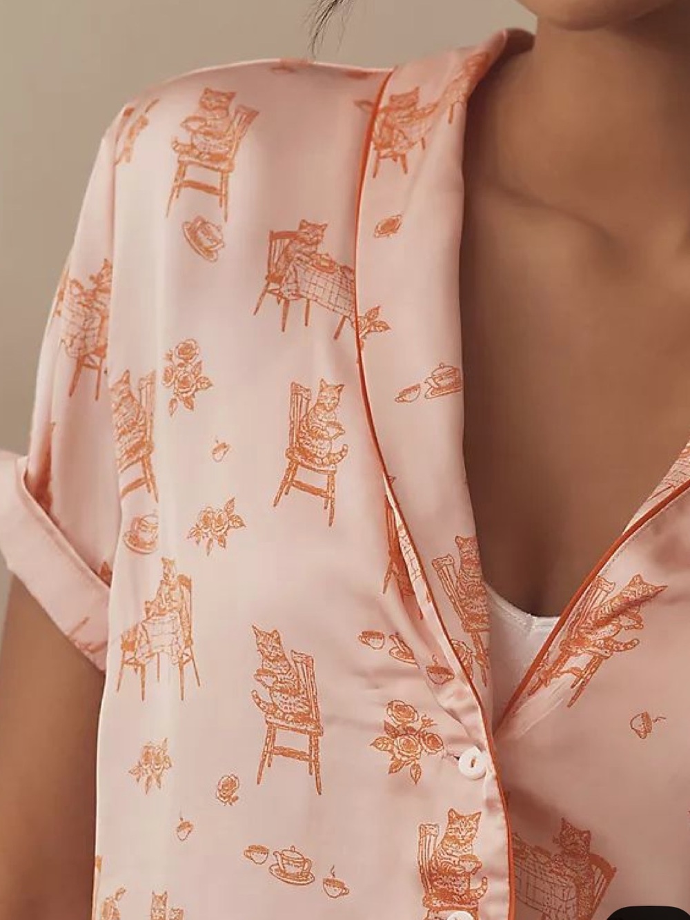 Anthropologie Peach-Pink Satin Short Sleeve Pajama Top with Orange Cat Print